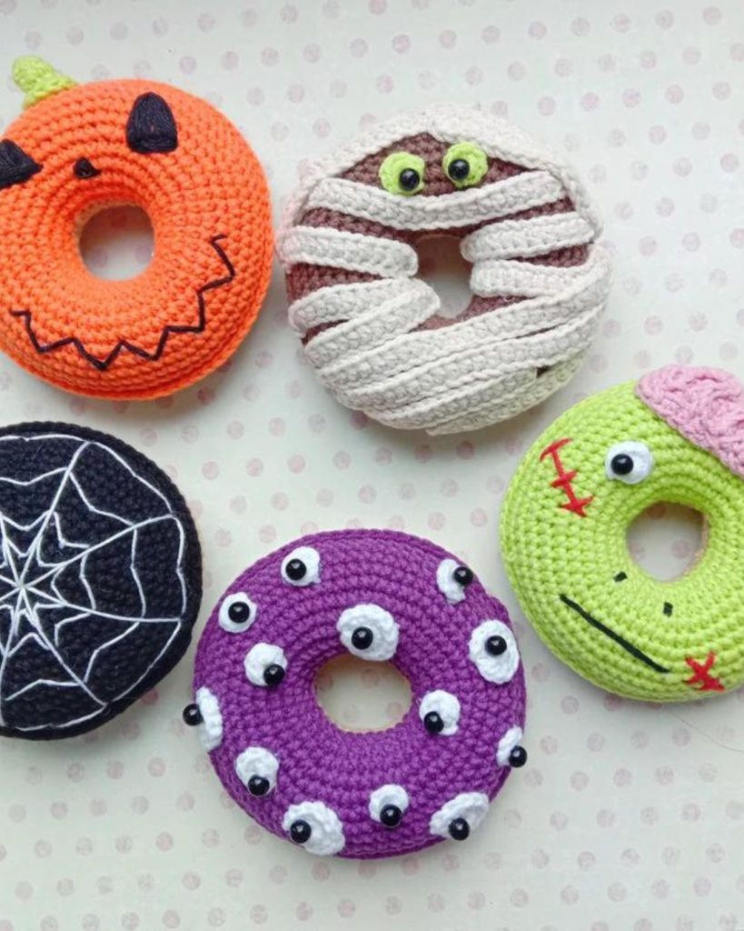 various crochet halloween donuts