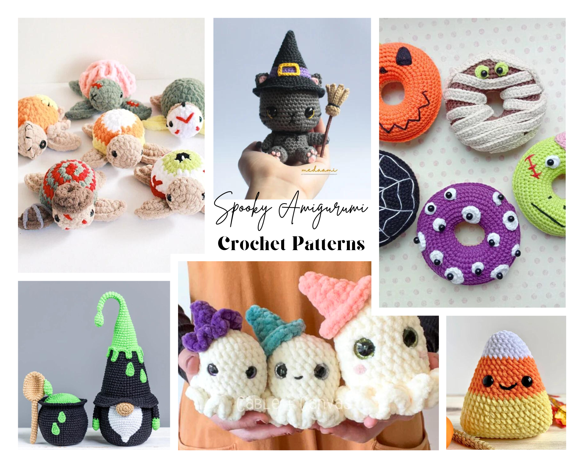 collage of crochet halloween amigurumi