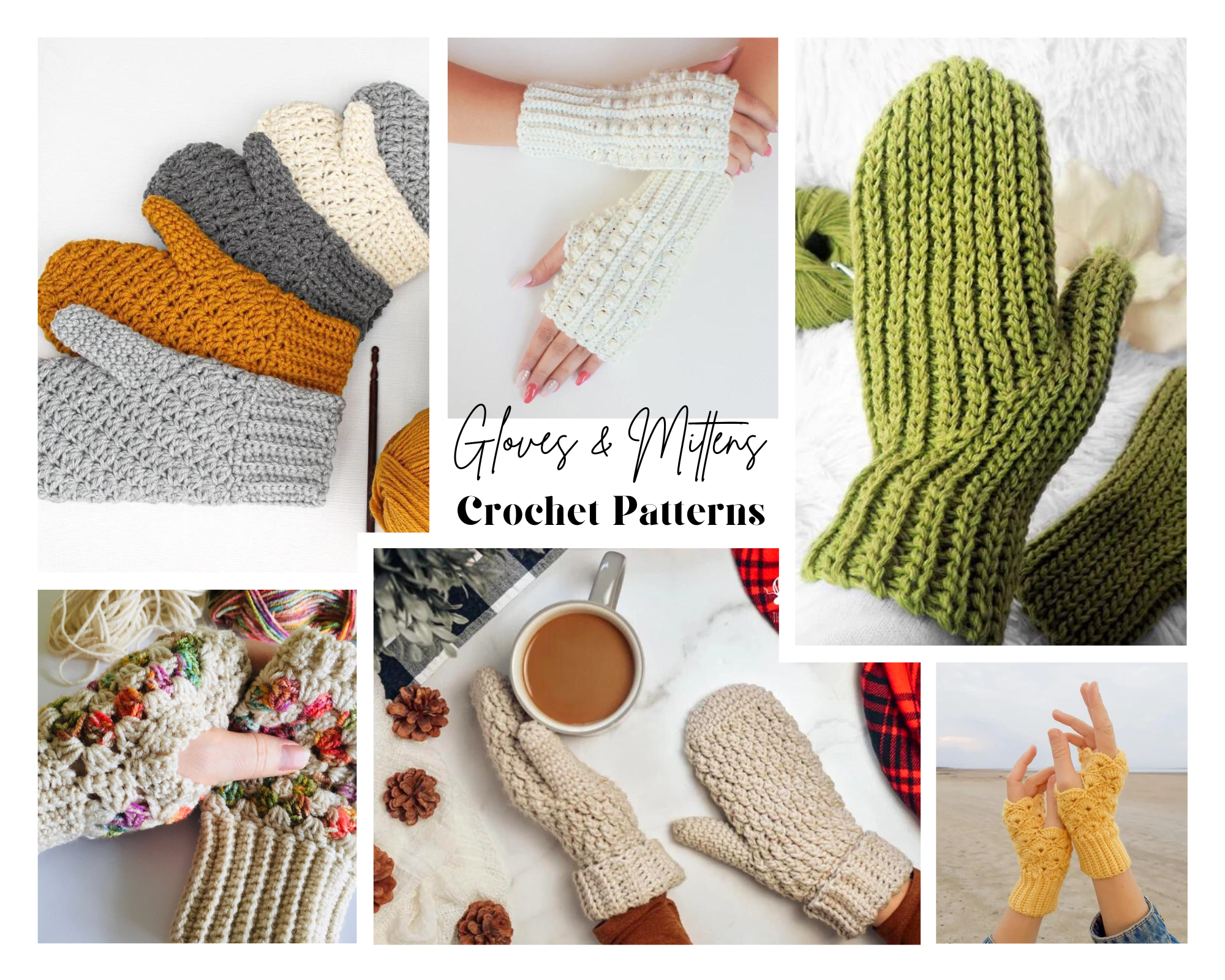 collage of crochet gloves and mittens