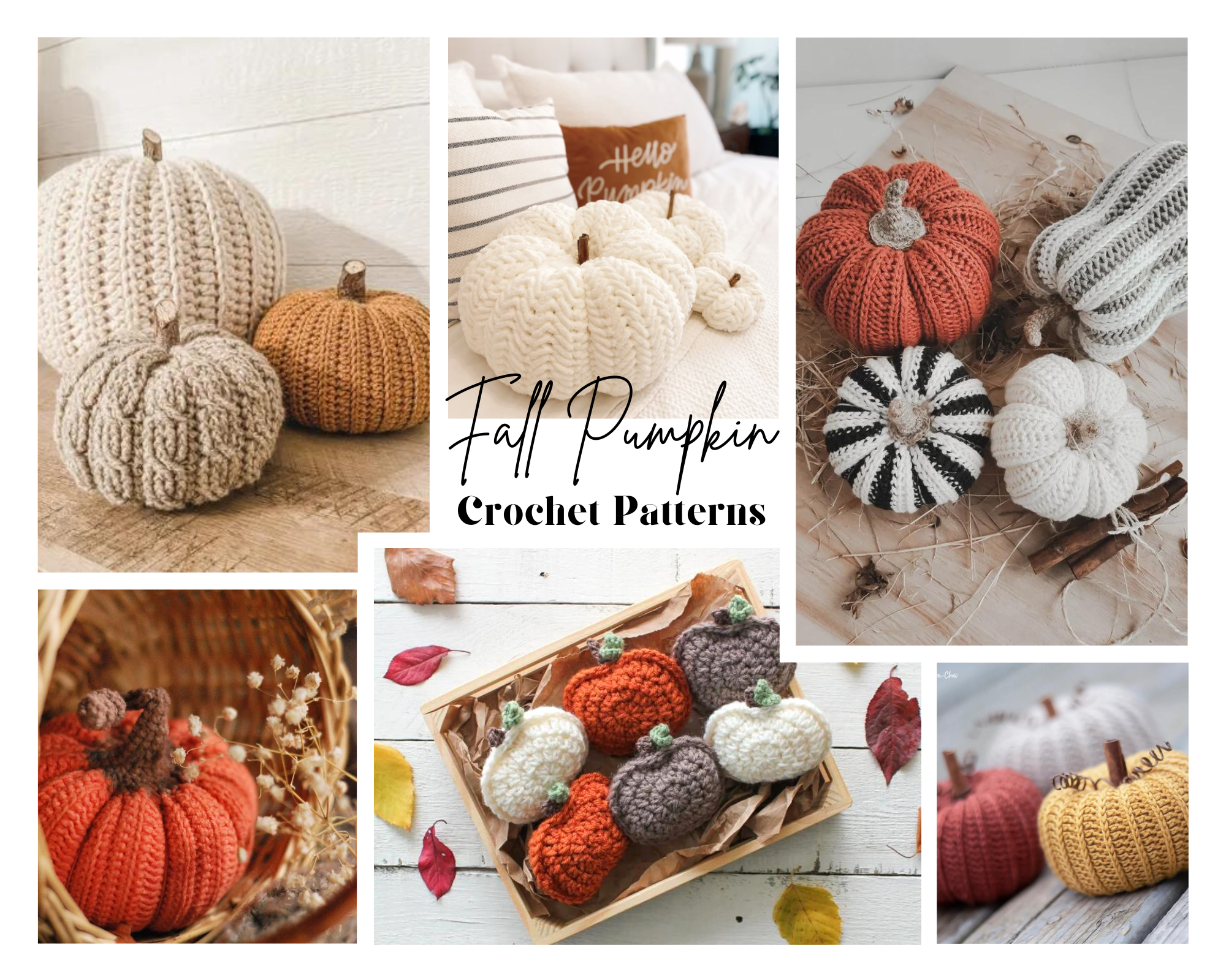 collage of crochet fall pumpkins