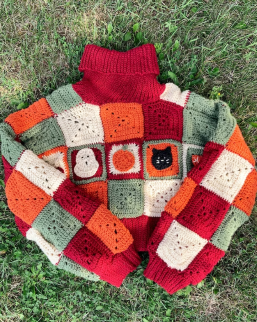 crochet fall patchwork sweater with turtle neck and fall appliques