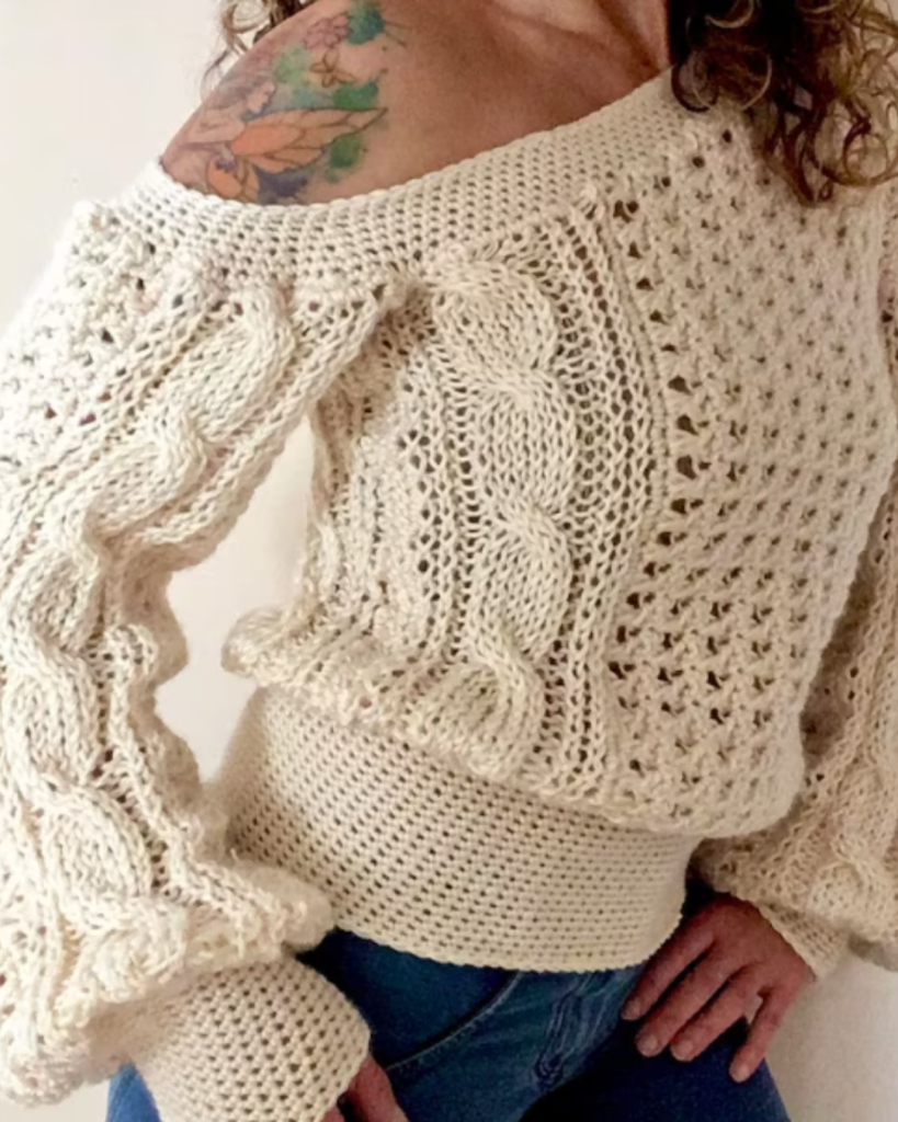 white crochet cable stitch knit sweater