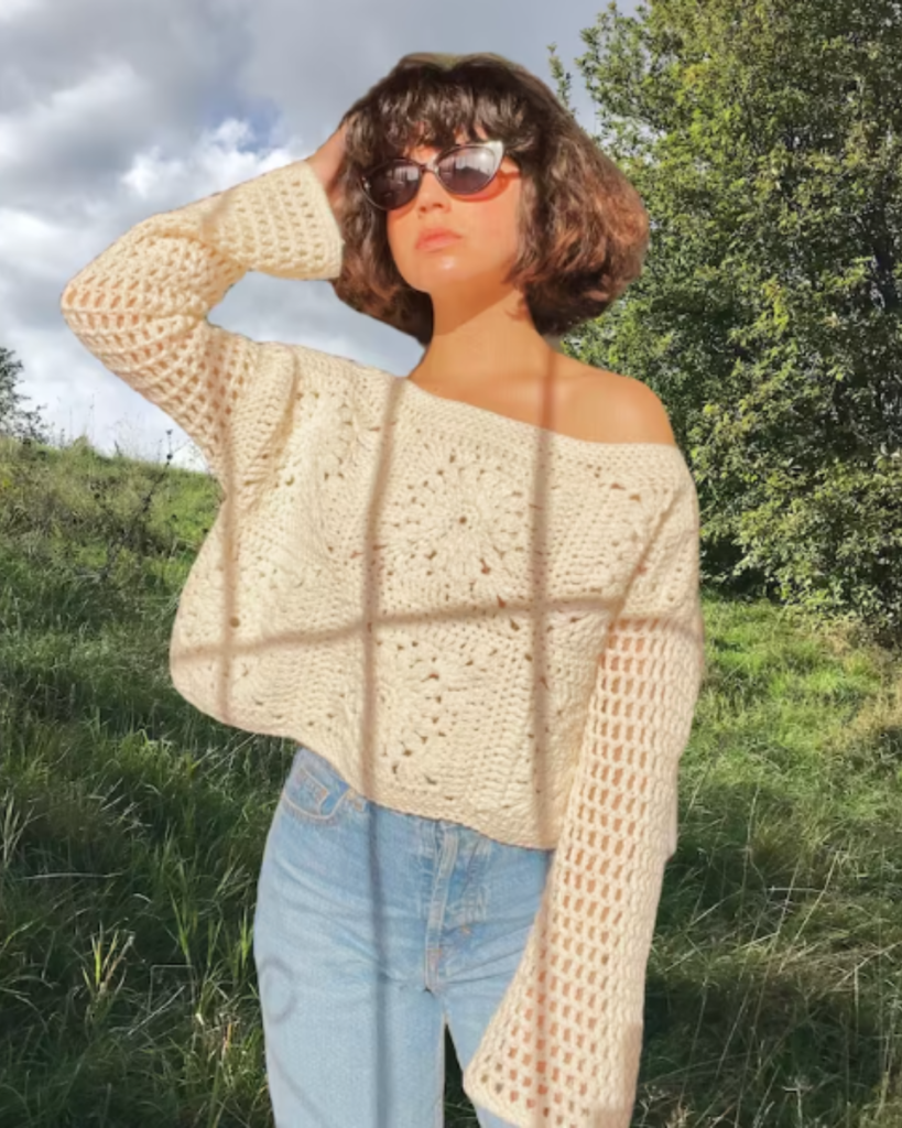 white lace granny square sweater