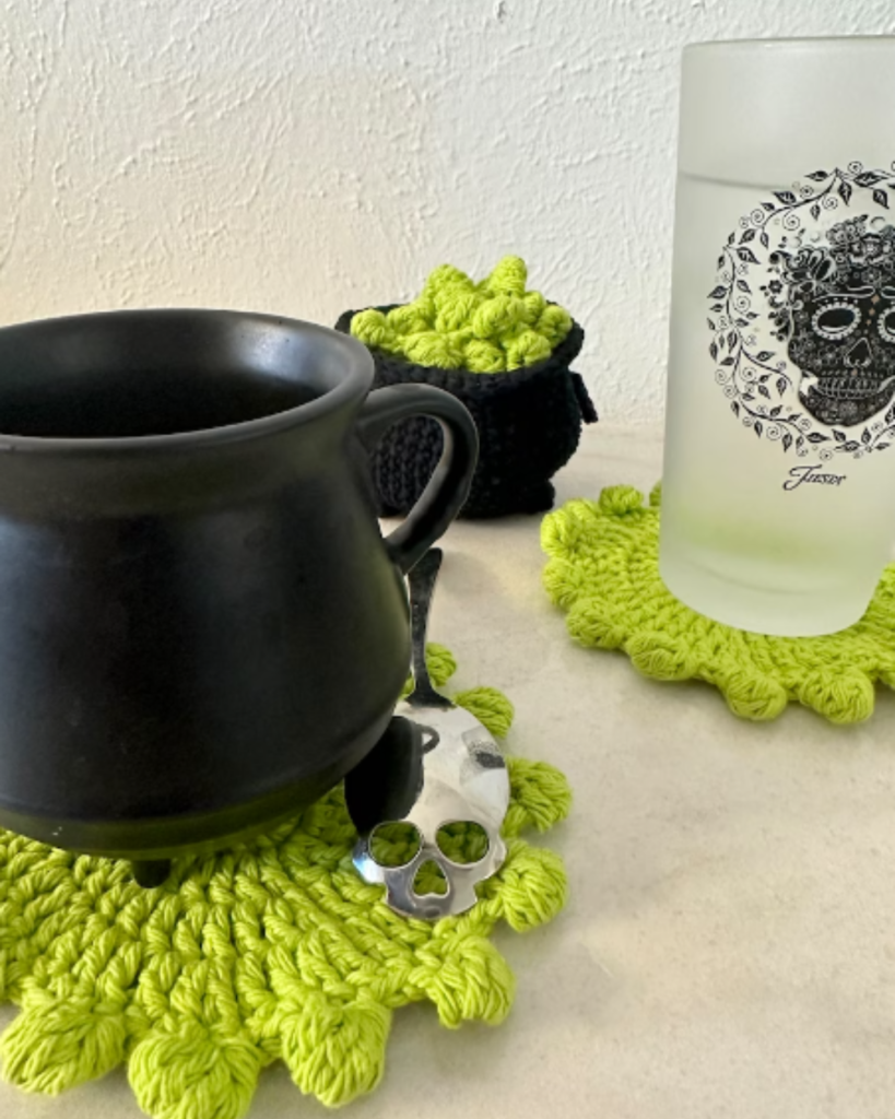 bright green witches brew coasters with caldron