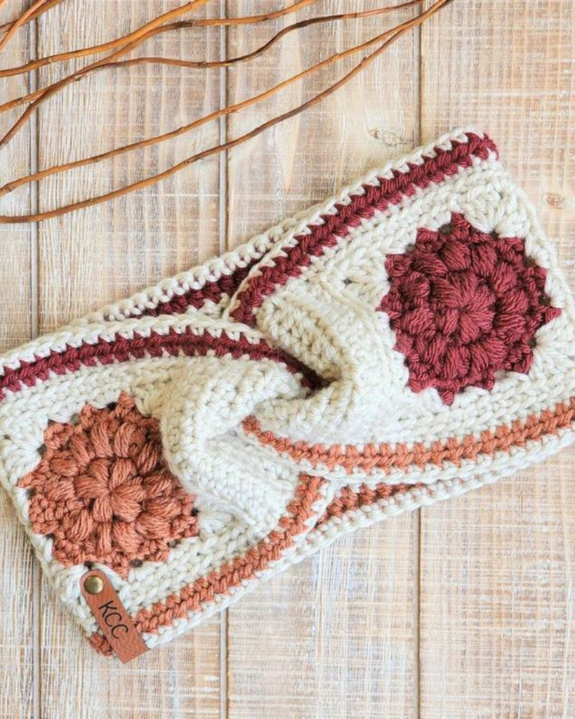 white and pink granny square crochet ear warmer