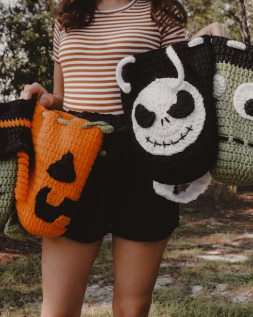 4 various crochet trick or treat bags