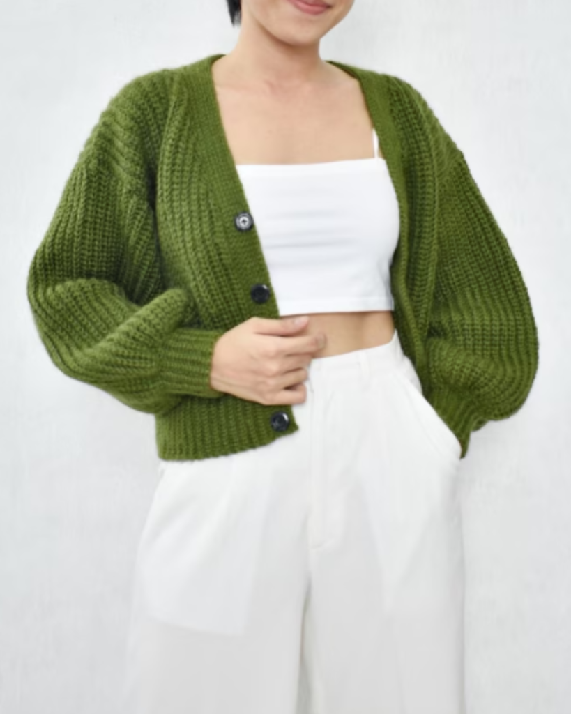 green crochet fall sweater with buttons