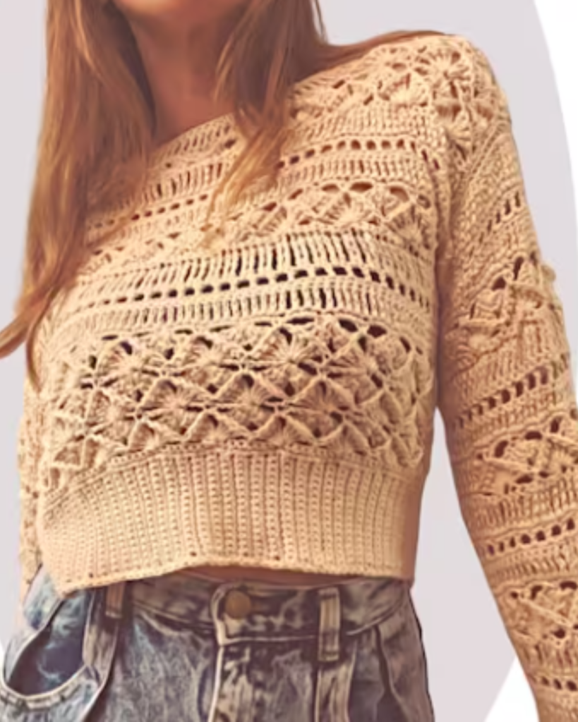 white textured crochet fall sweater