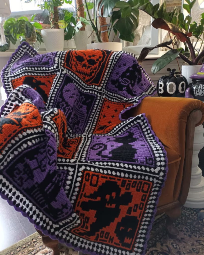 orange and purple crochet halloween decor graph afghan