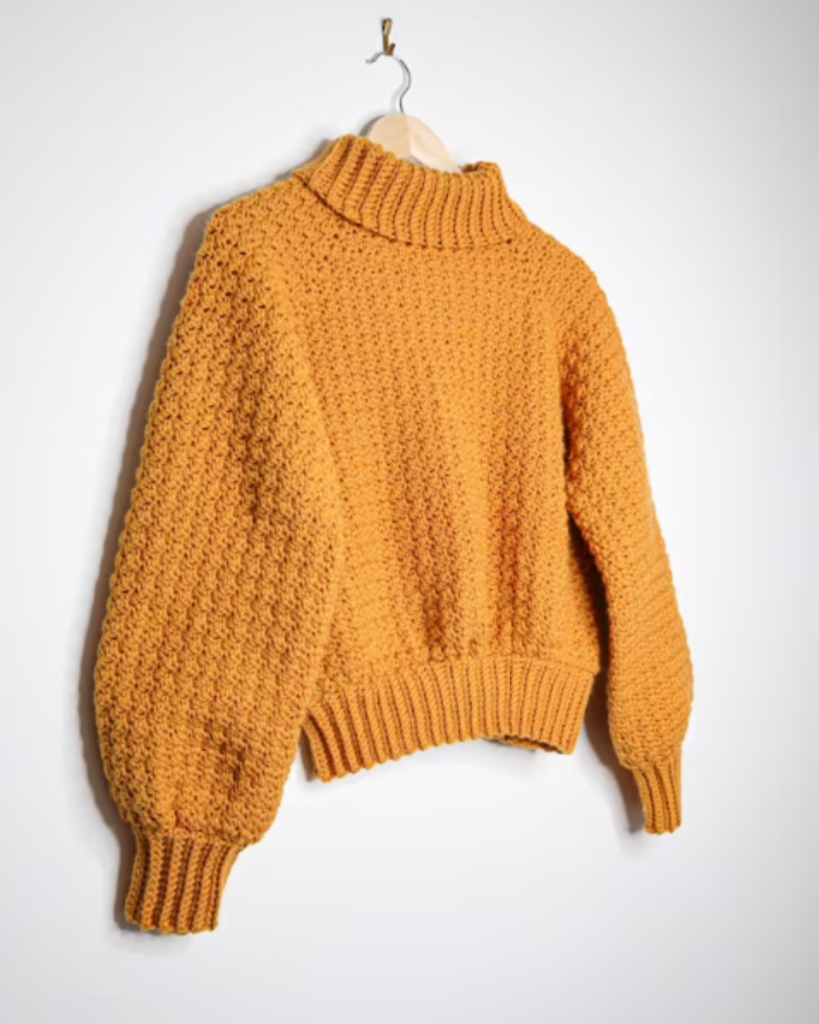 mustard yellow crochet turtleneck sweater