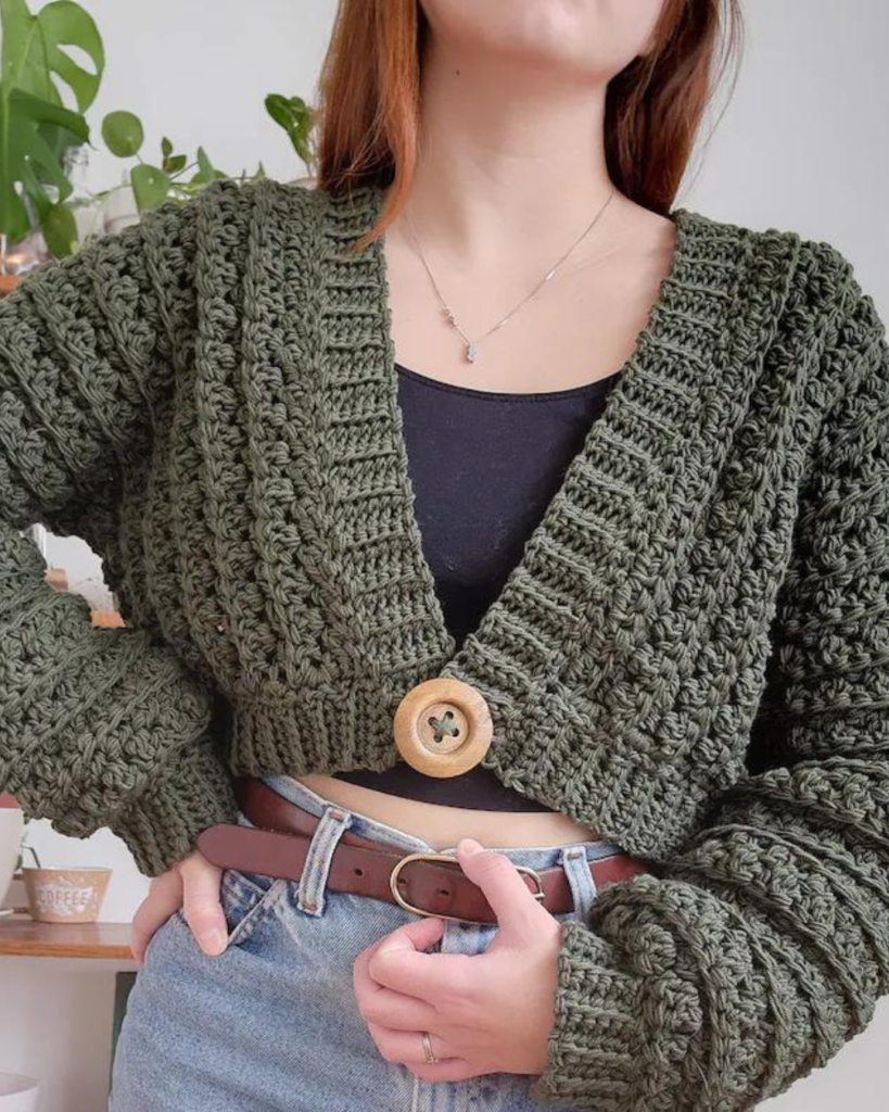 green crochet fall sweater with large button