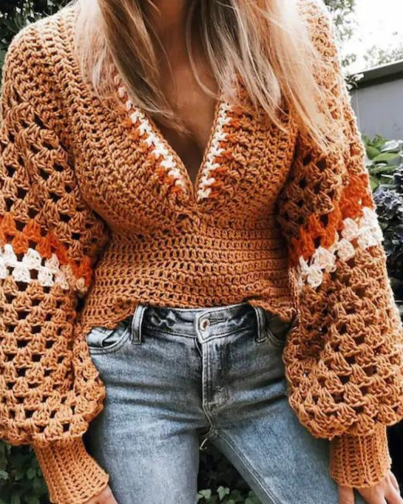 multicolor v-neck crochet fall sweater