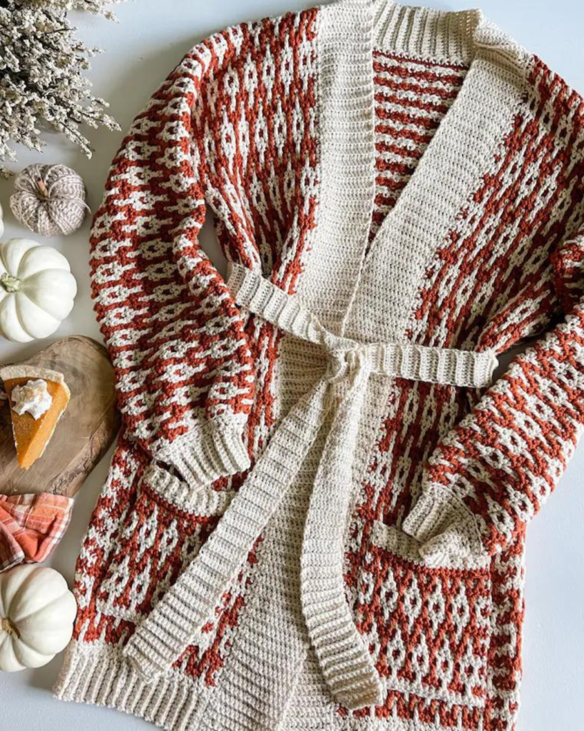 textured red and beige crochet robe