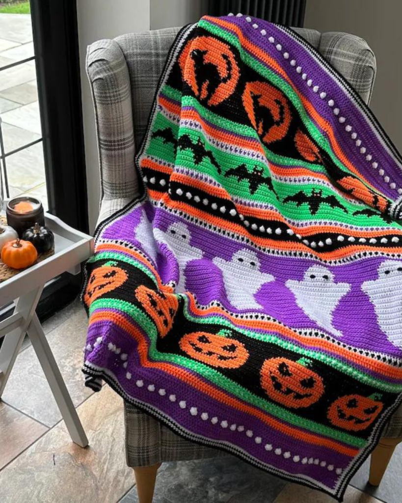 striped crochet halloween decor graph afghan