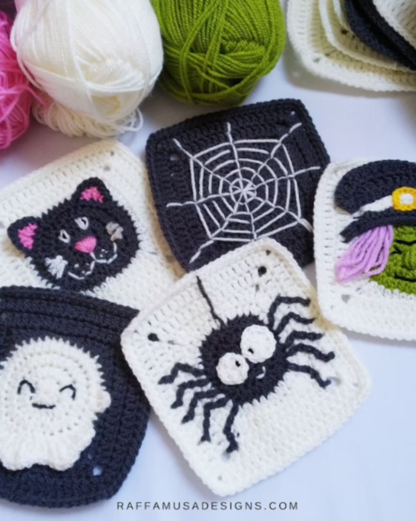5 black and white crochet halloween decor squares with various designs
