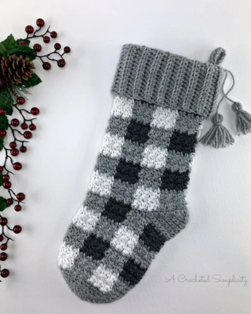 black and white crochet plaid stocking