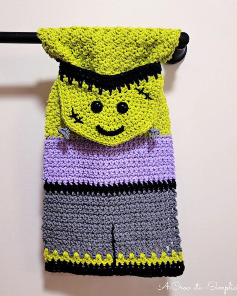 frankenstein's monster crochet kitchen towel