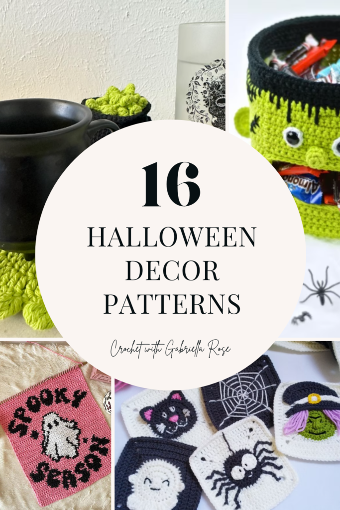 collage of crochet halloween decor patterns
