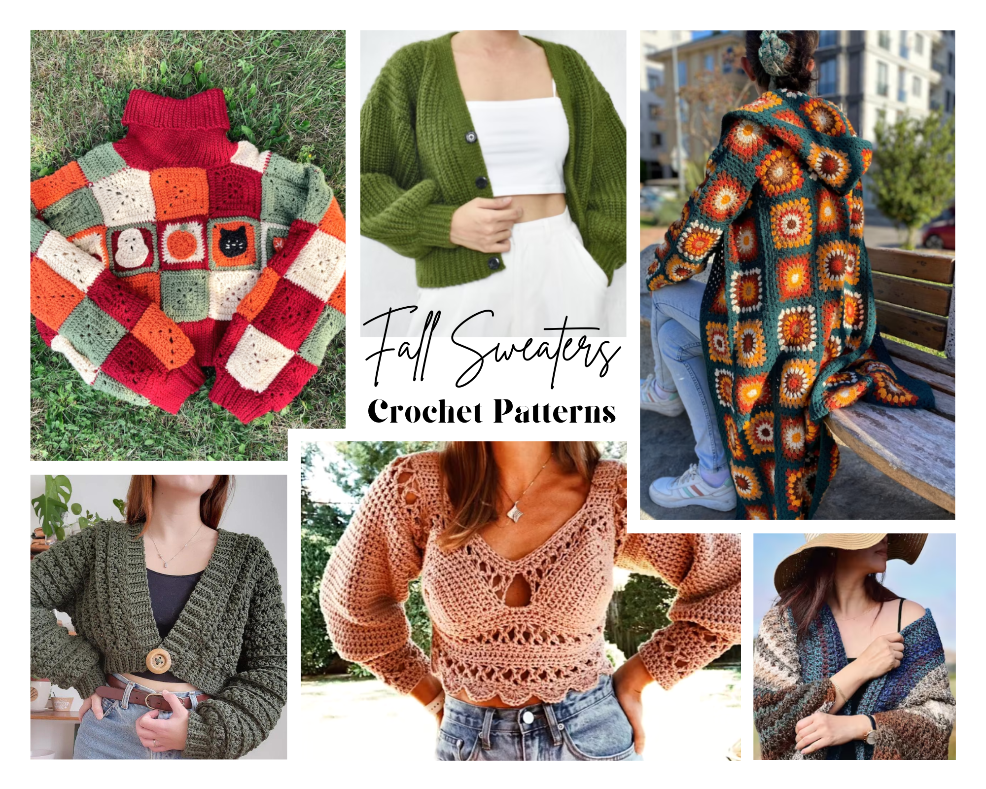 collage of crochet fall sweaters