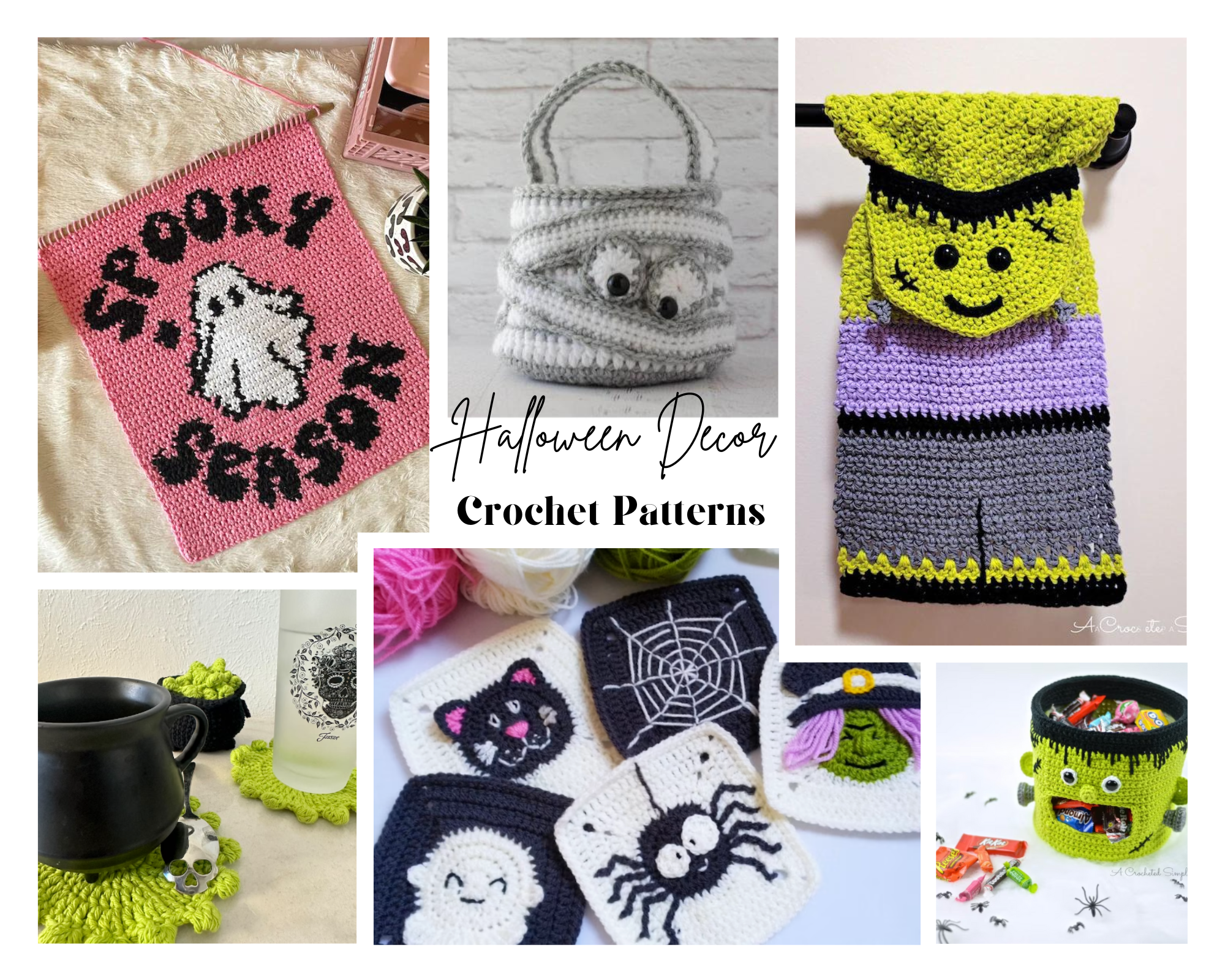 collage of crochet halloween decor patterns