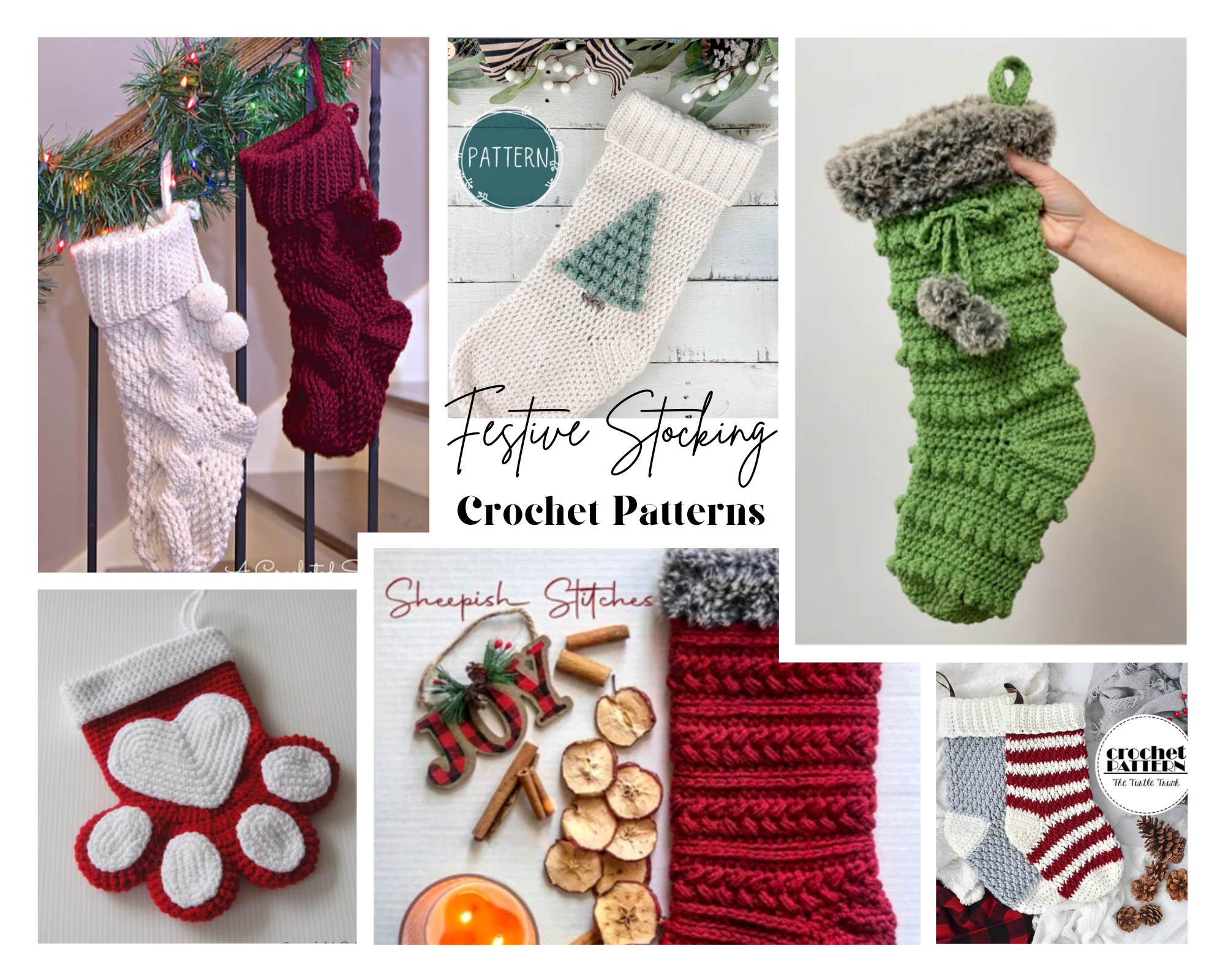 collage of crochet christmas stockings