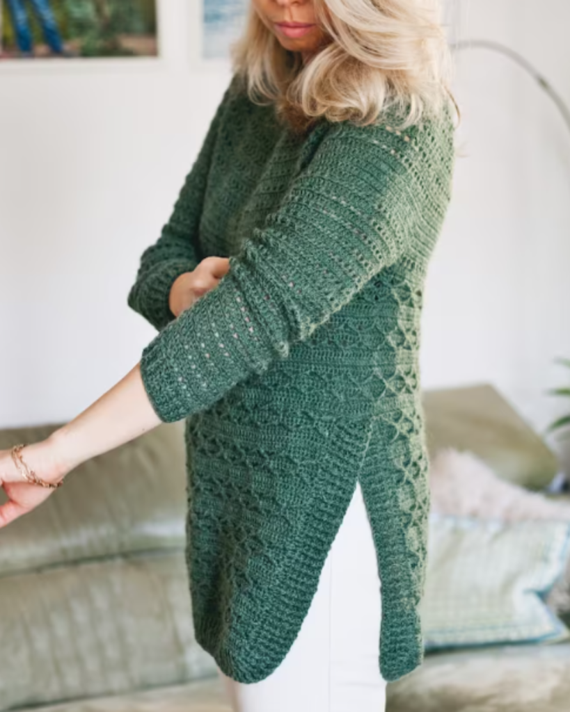 long green crochet sweater