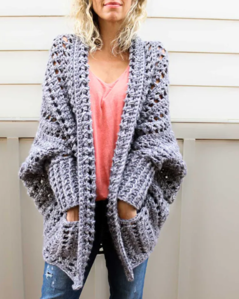 chunky grey crochet cardigan with pockets