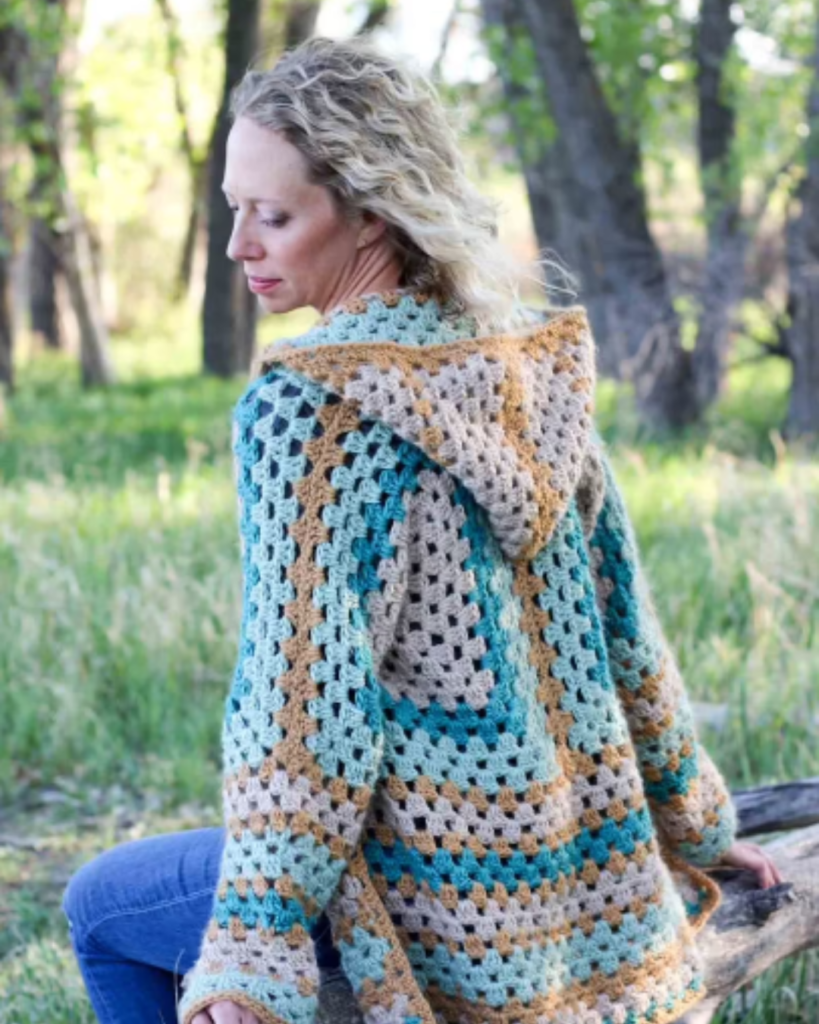 multicolor granny square cardigan with hood