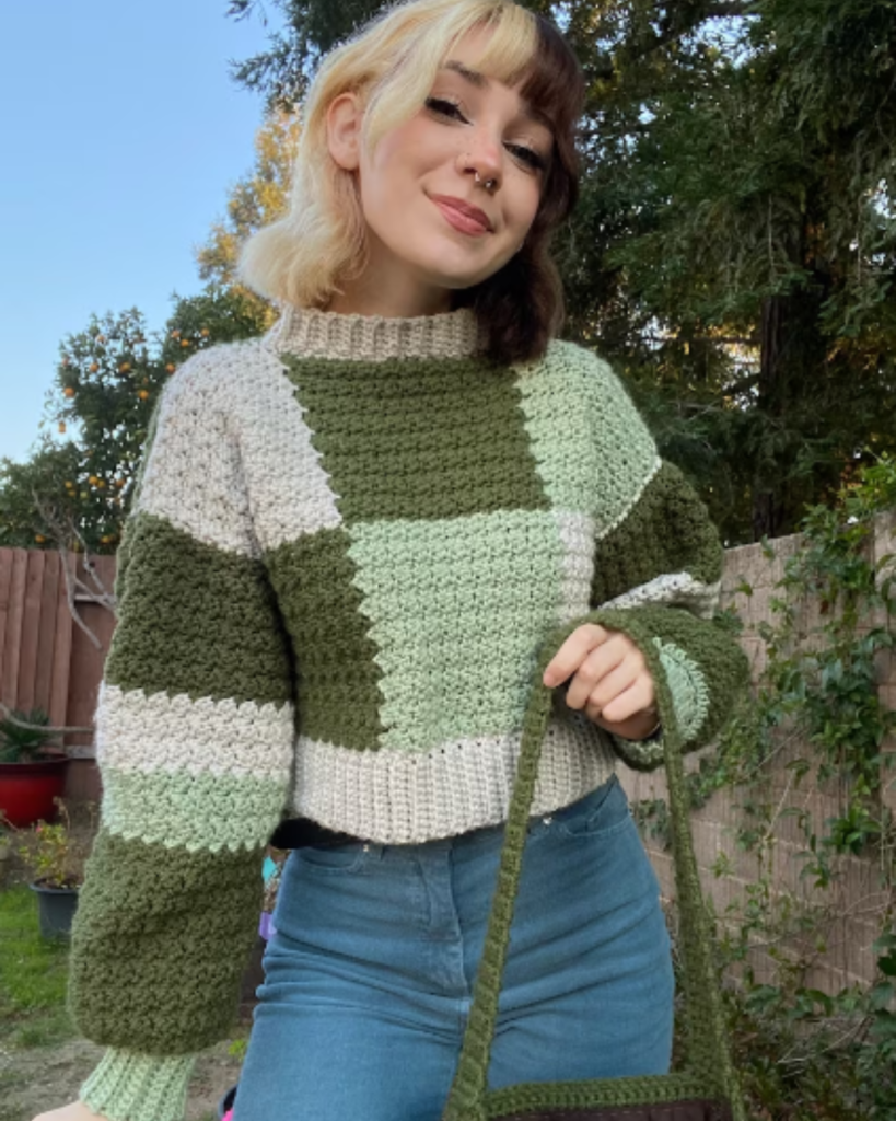 three-tone green and white block crochet sweater