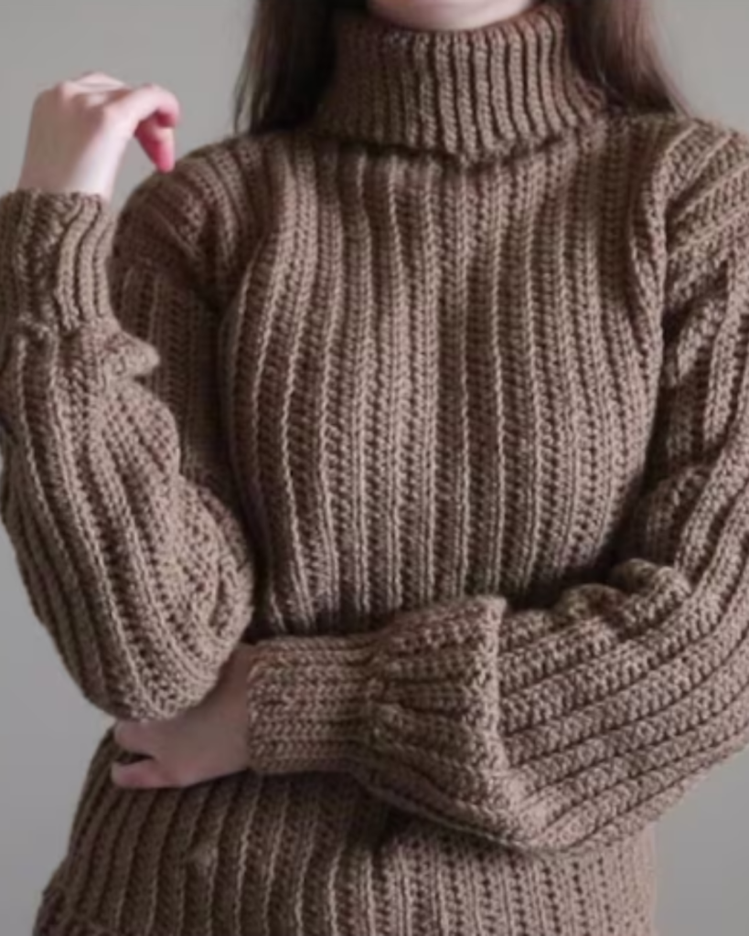 brown ribbed crochet turtleneck sweater