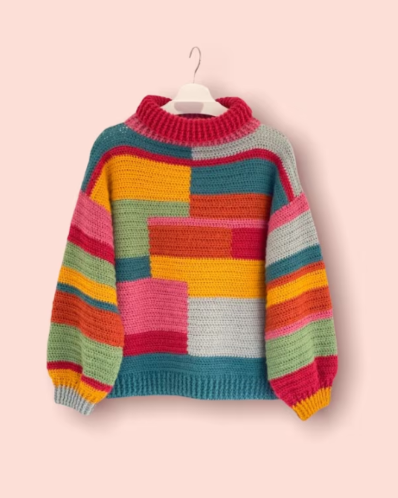 multicolor block crochet sweater with turtleneck