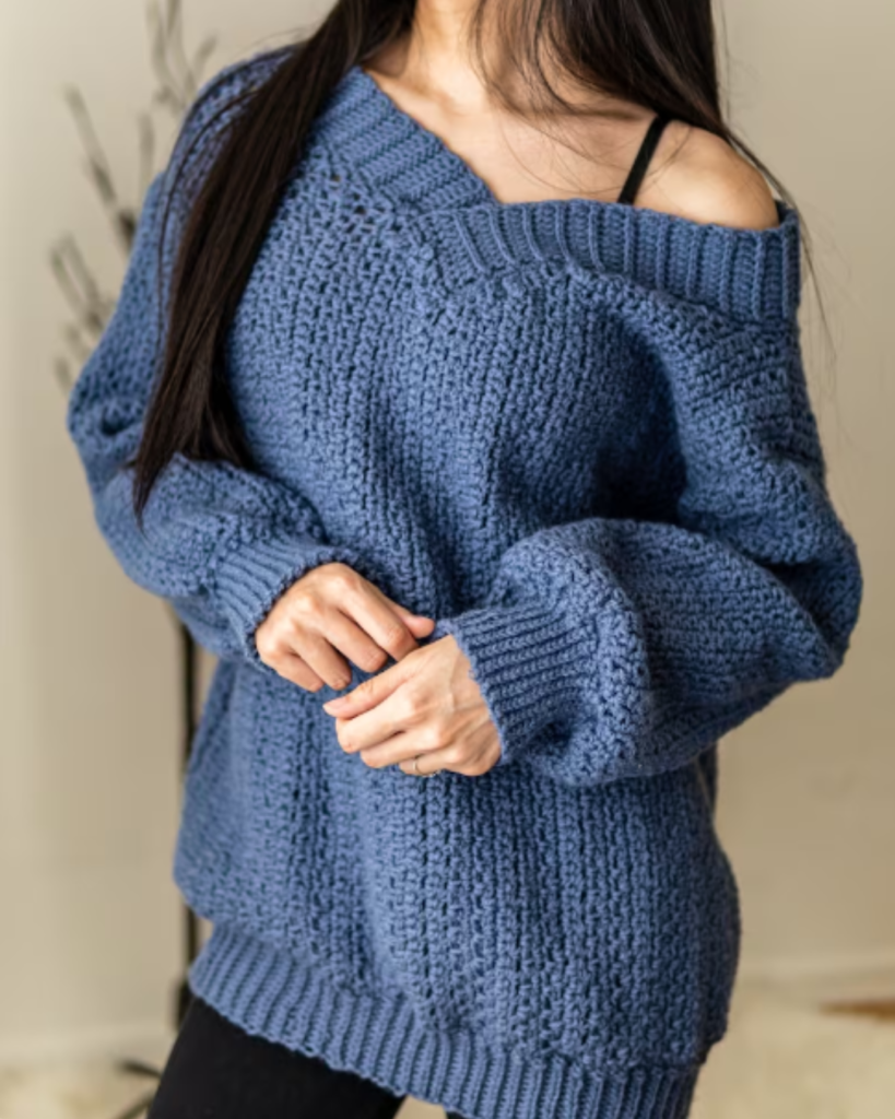 blue ribbed v-neck crochet sweater