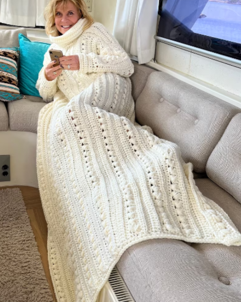 long white couch crochet sweater