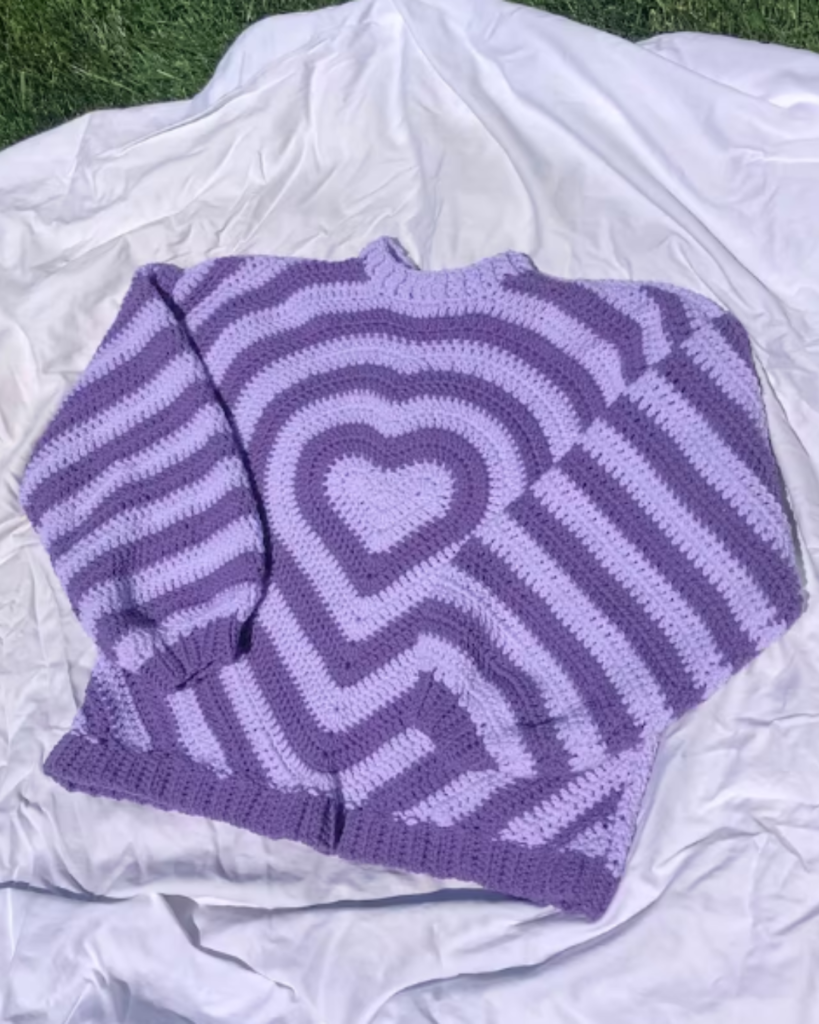 two tone purple heart crochet sweater