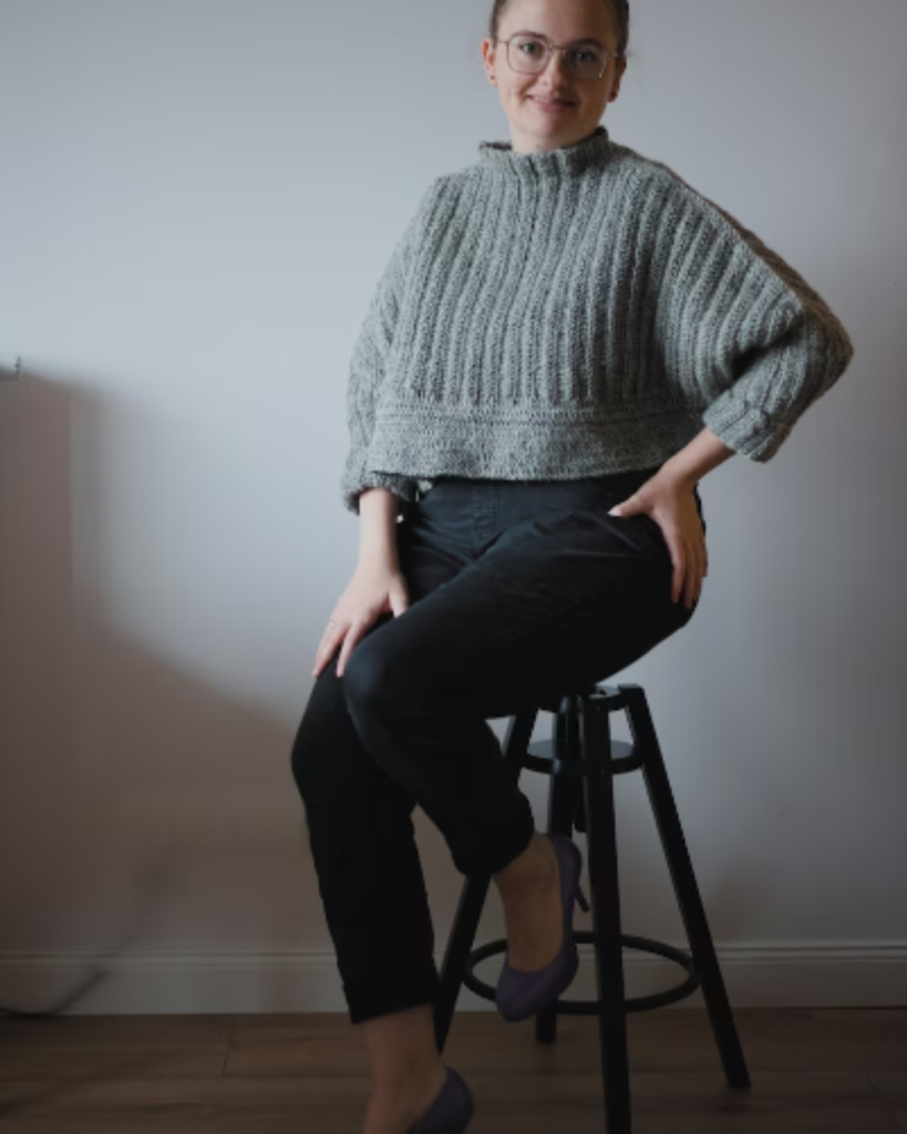 grey cropped mock neck crochet sweater