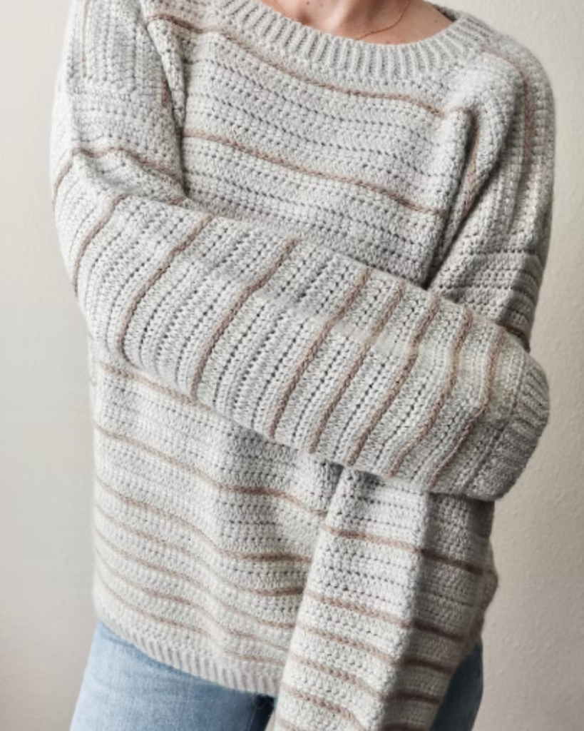 white and beige crochet striped sweater