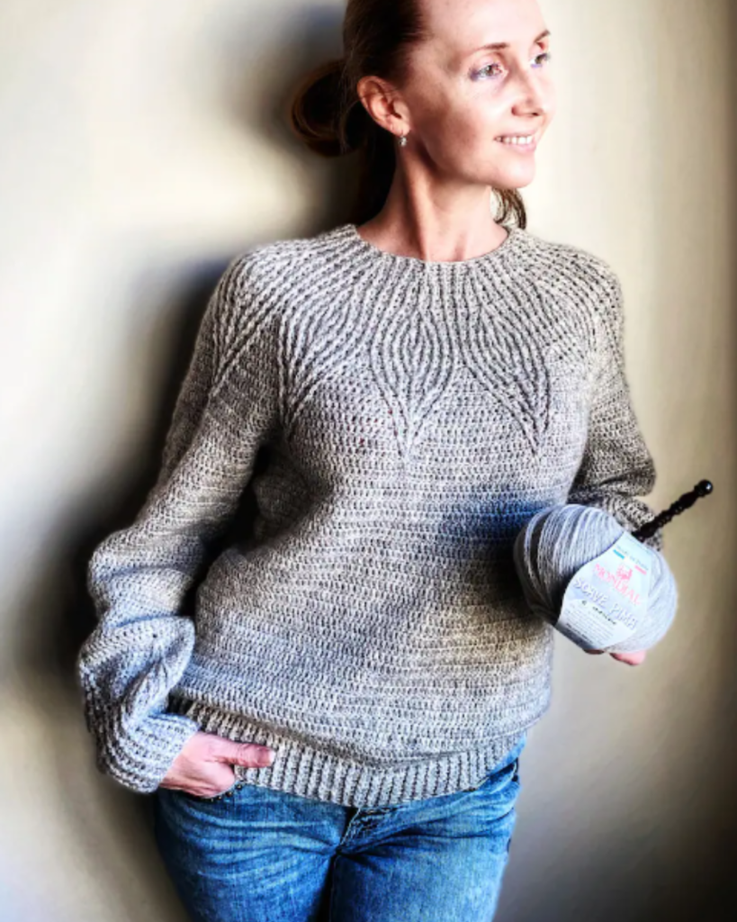 grey crochet cable sweater
