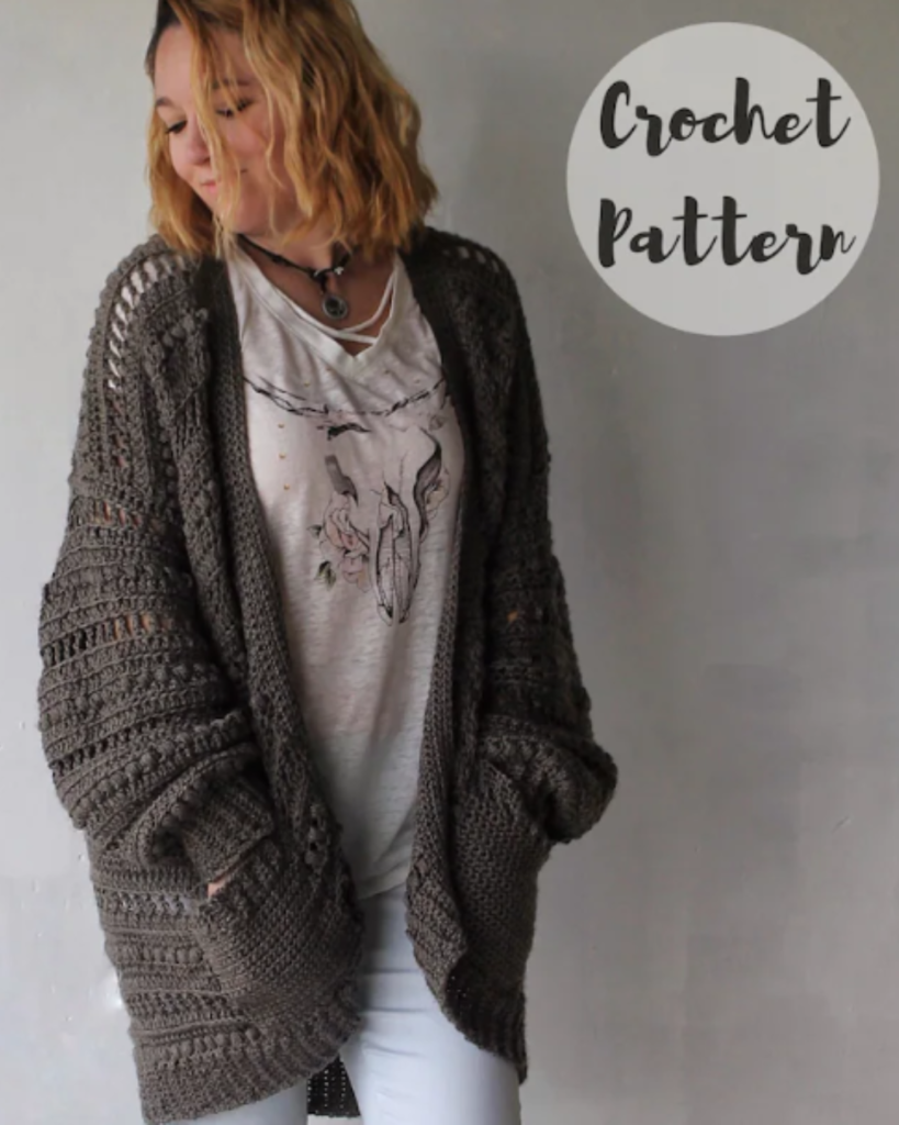 warm grey crochet cardigan with pockets