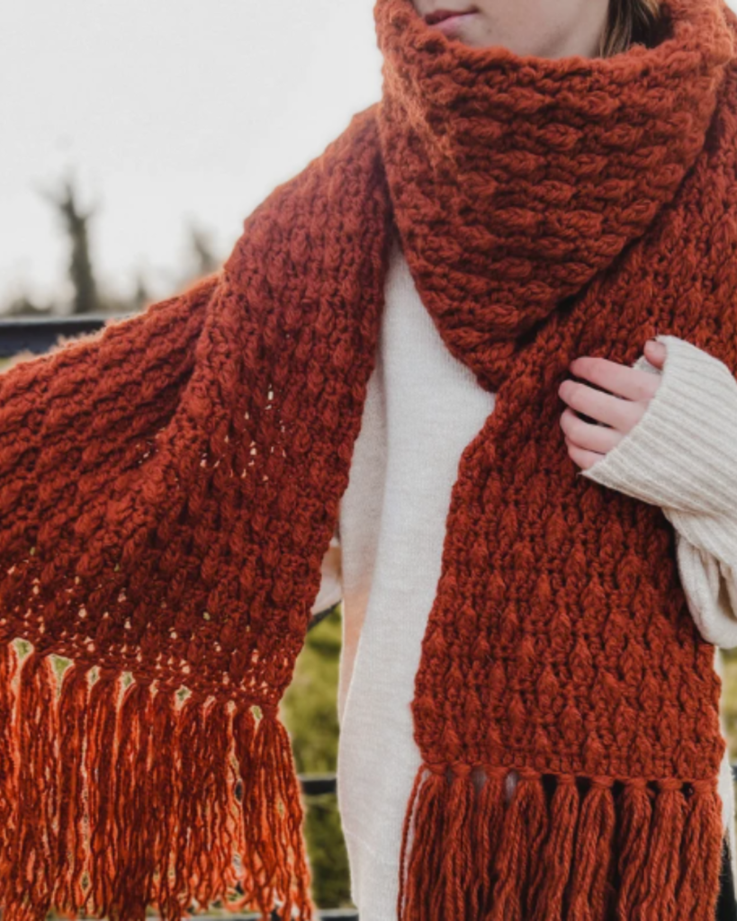 orange red crochet textured scarf