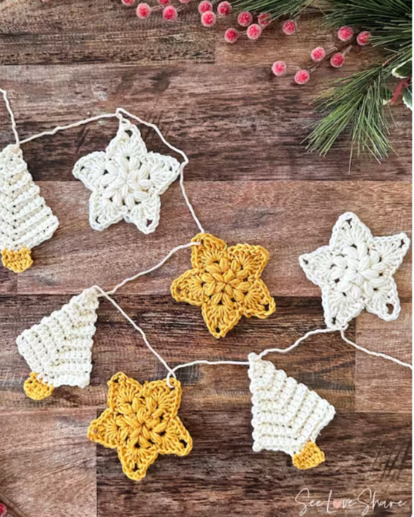 white and yellow tree and star crochet garland