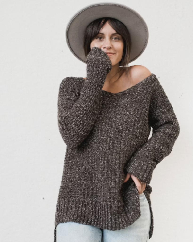 brown v-neck crochet sweater