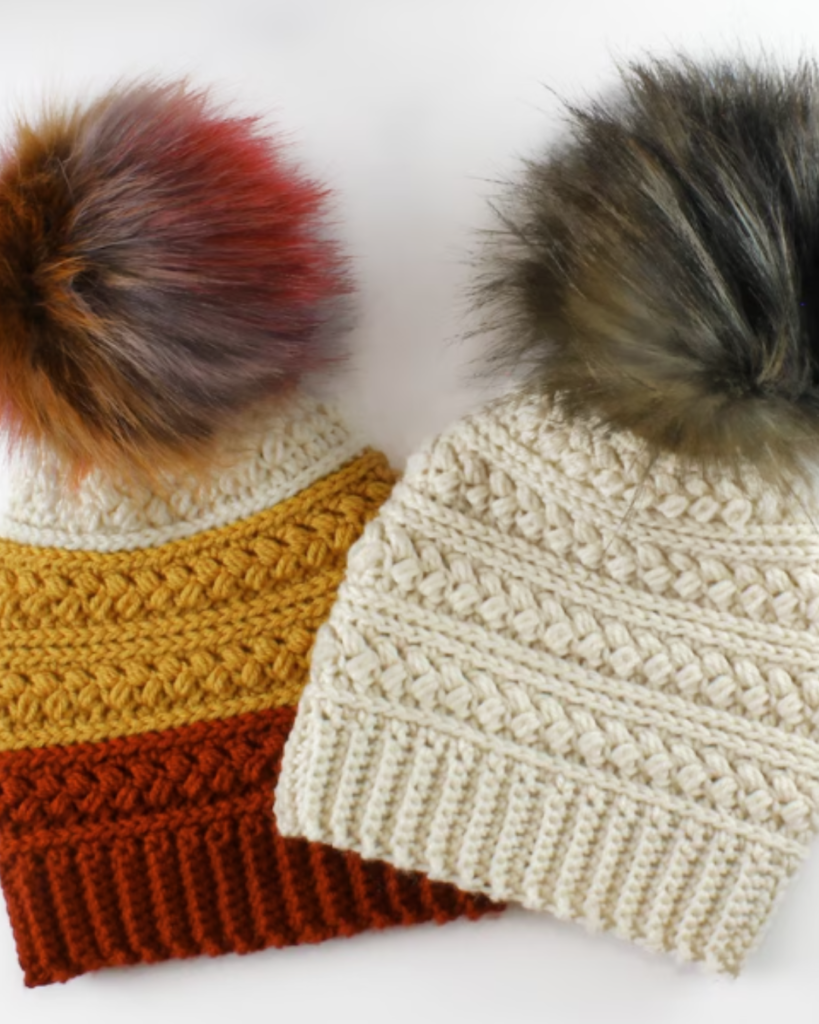 two crochet hats with various textures