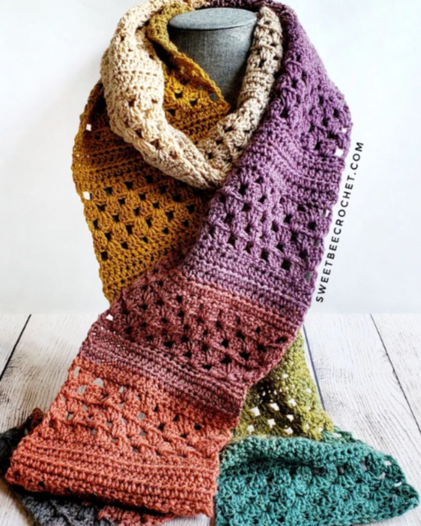 multicolor striped crochet scarf of various stitches