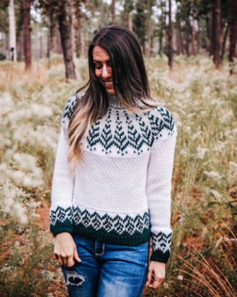 white and green tapestry crochet sweater