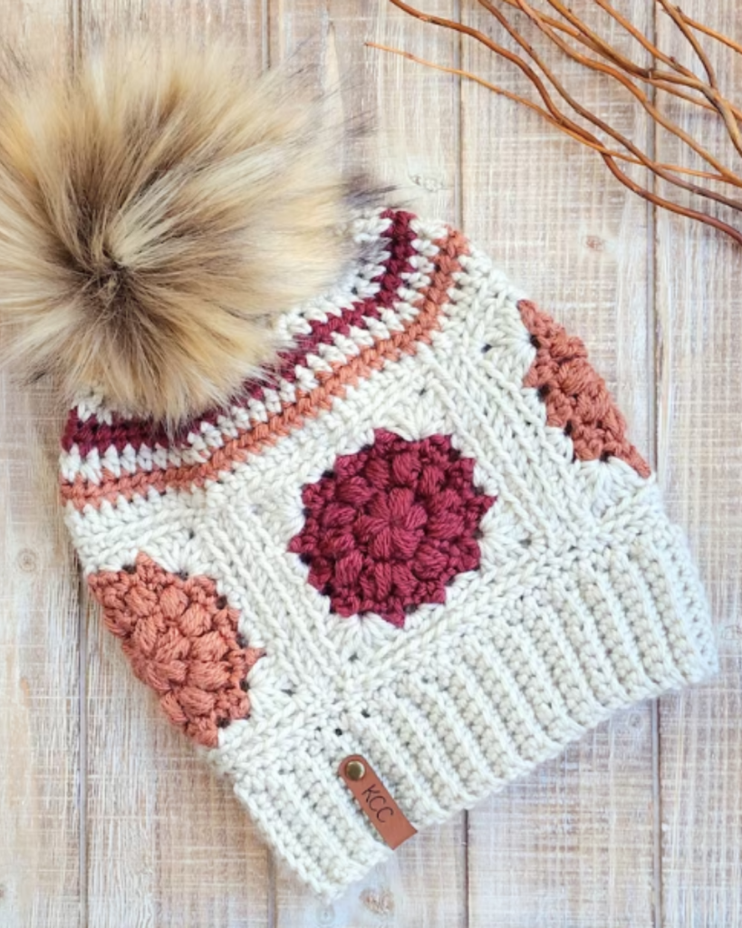 crochet pink and white granny square hat