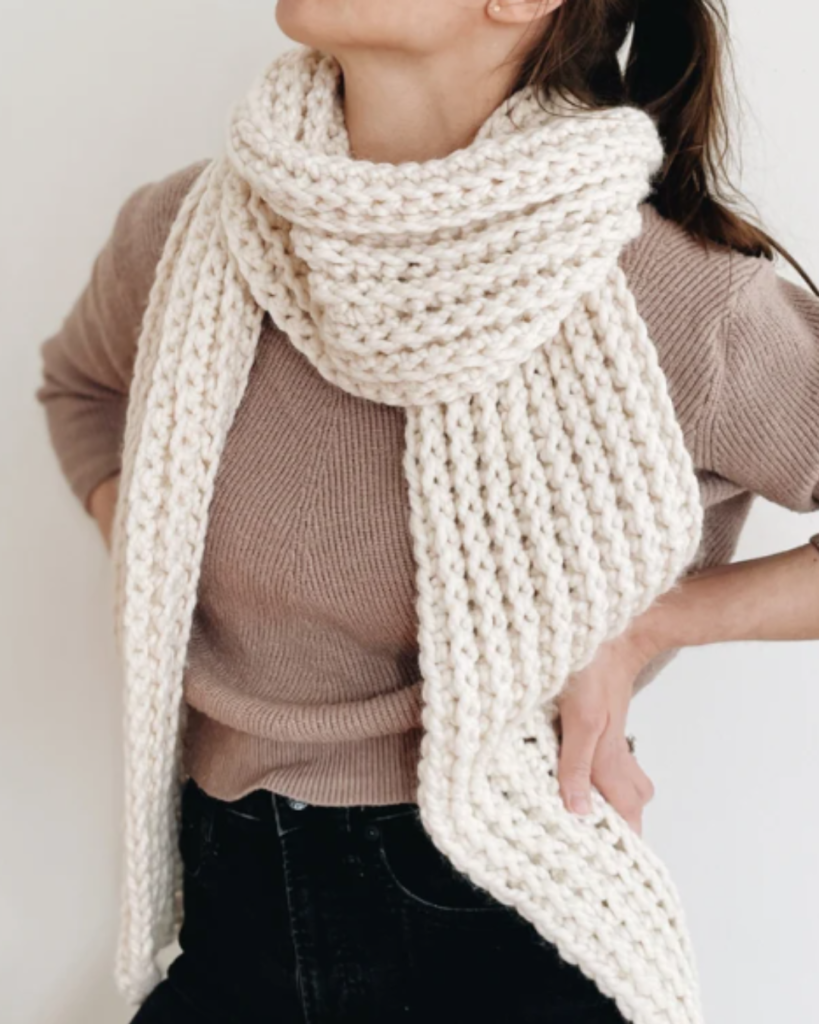 white ribbed crochet scarf