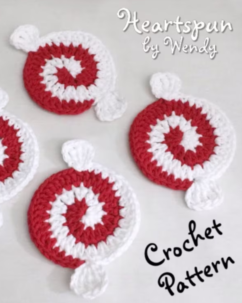four crochet swirl candy coasters