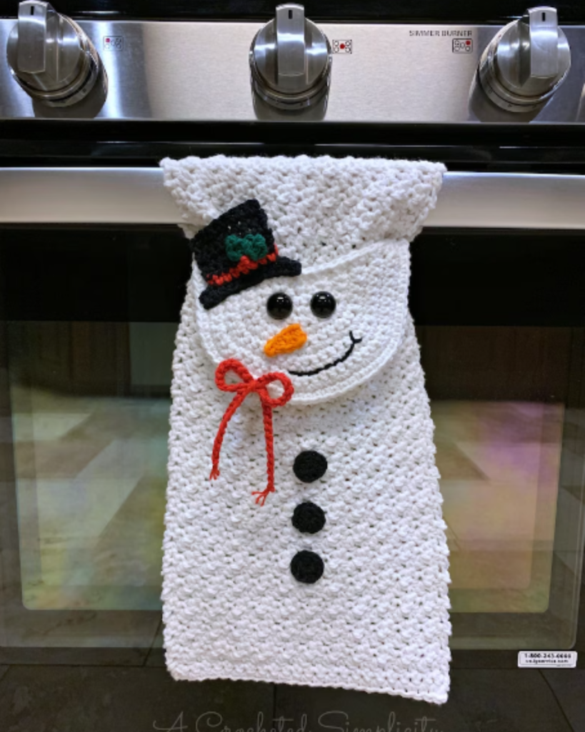 crochet snowman kitchen towel