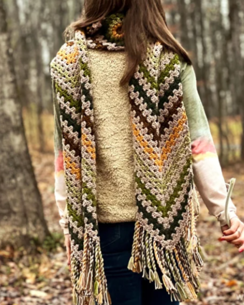 striped crochet scarf with sunflower granny square