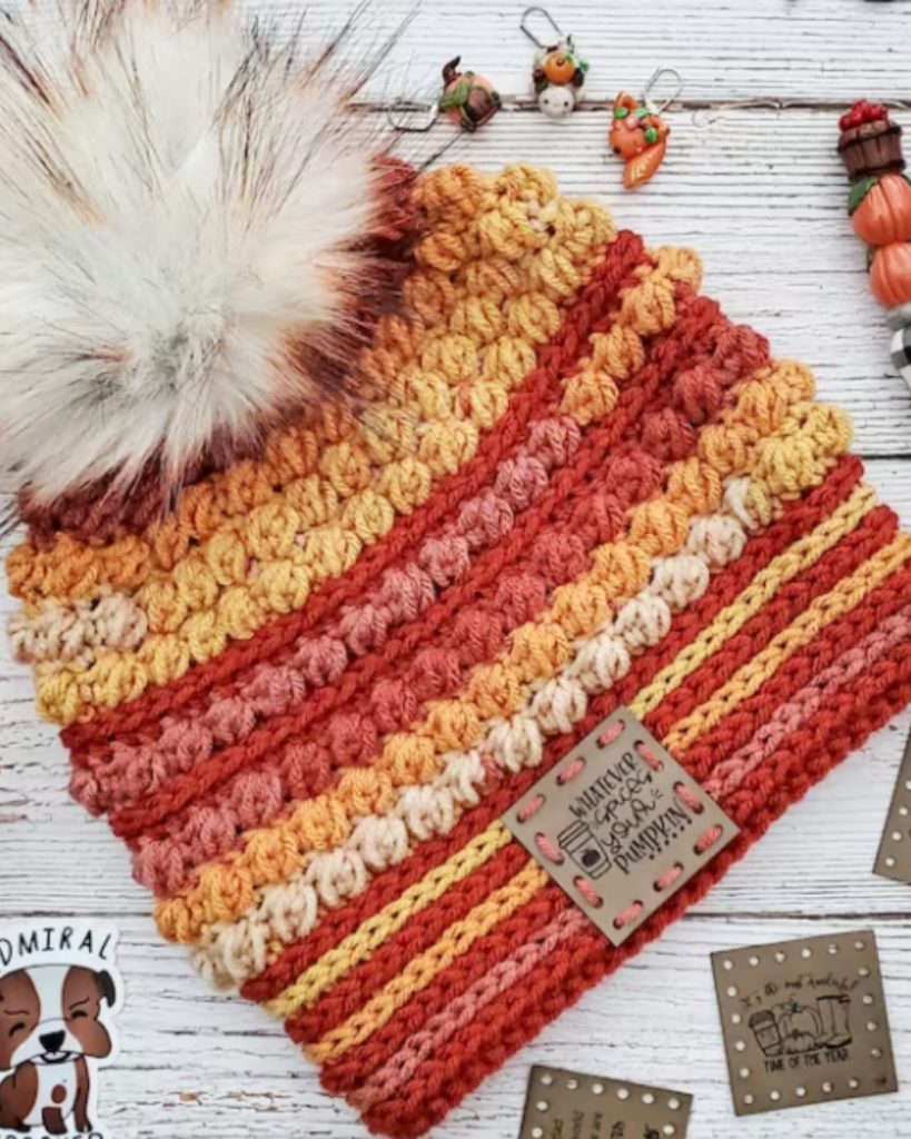 multicolor crochet hat with various textures